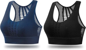 4HOW 2 Pack Racerback Yoga Sports Bras High Support Padded Black/Blue Large NEW - Picture 1 of 5