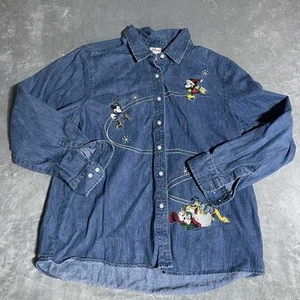Vintage Disney Denim Shirt Womens XXL Mickey Mouse Christmas Embroidered Holiday - Picture 1 of 6