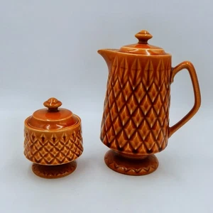 Brown Raised Diamond Pattern Footed Coffee Pot Sugar Bowl Japan Lidded Vintage - Picture 1 of 17