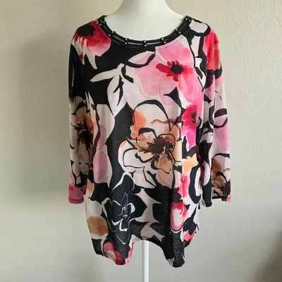 Camiseta Alfred Dunner Top Artística Floral Acuarela Estrás Manga 3/4 Talla M Foto 1 de 4