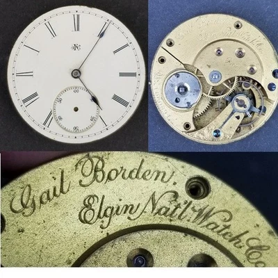 Elgin Natl Watch Co "Gail Borden" movimiento de bolsillo agujas frontales 10s 11j 1883 Foto 1 de 4