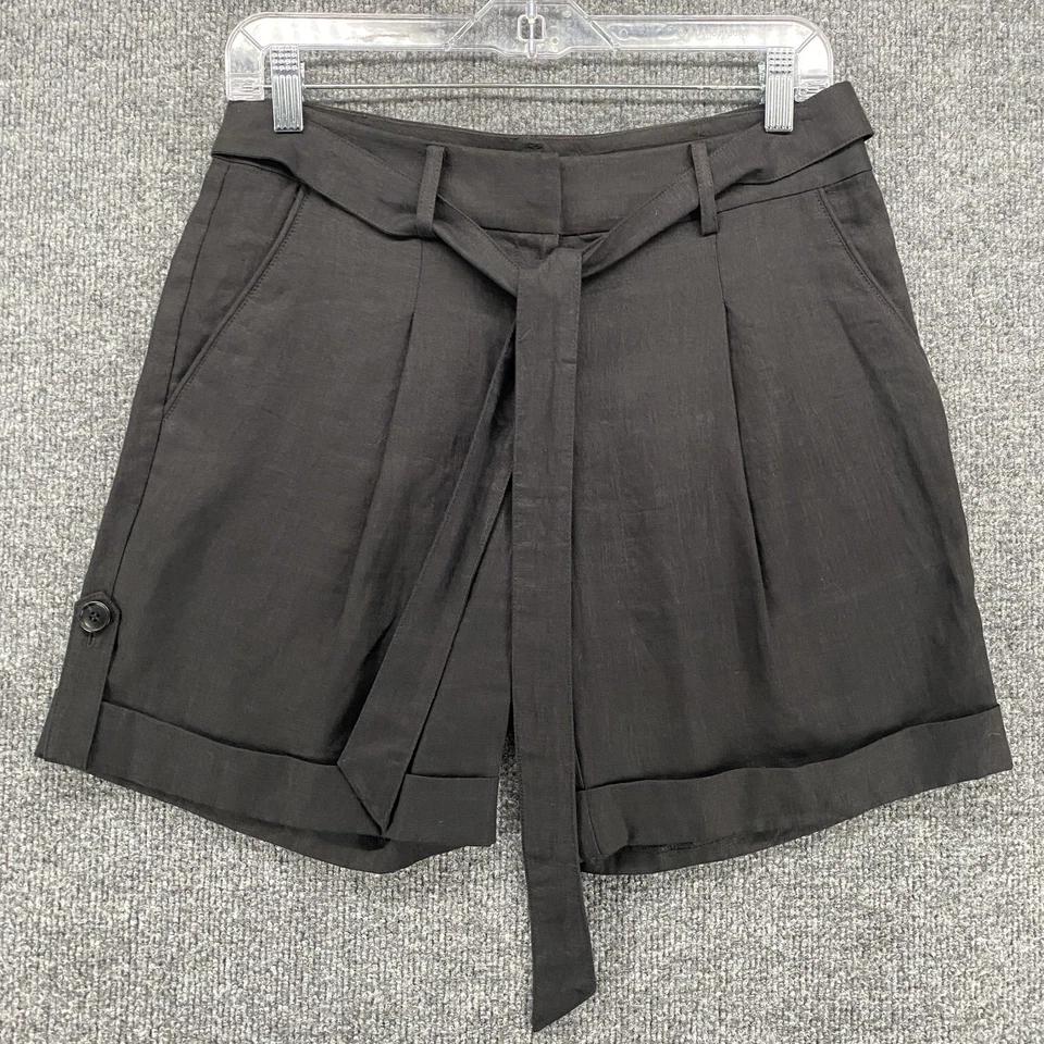 Pantalones Cortos Lafayette 148 Mujer 0 Negro Lino Cinturón Plisado Tiro Alto Clásico Preppy Foto 1 de 4