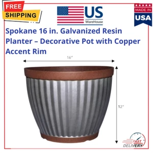 Spokane 16 in. Galvanized Resin Planter – Decorative Pot with Copper Accent Rim - Picture 1 of 5