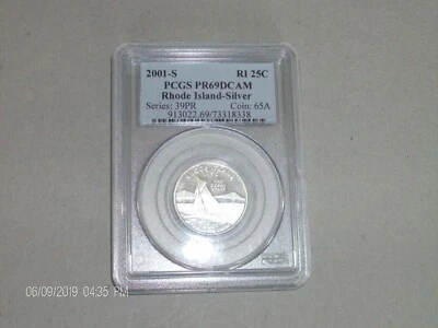 2001 SILVER RHODE ISLAND PCGS PF69 D CAMEO STATE QUARTER NO FLAG(SERIES LABEL) - Image 1 of 2