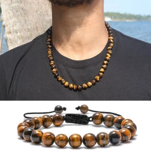 Herren 8 mm Natürliches Tigerauge Perlen Halskette 24" Spirit Healing Verstellbares Armband - Bild 1 von 11