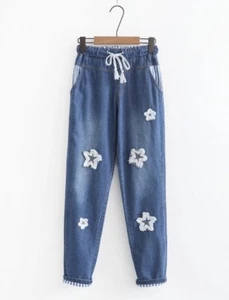 Girl’s Denim Pants Jeans With Star Patches Straight Leg Size M Teenage - Picture 1 of 2