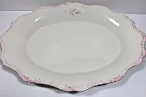 White Oval Serving Platter, w/ Pink Trim, Portugal - Picture 1 of 7