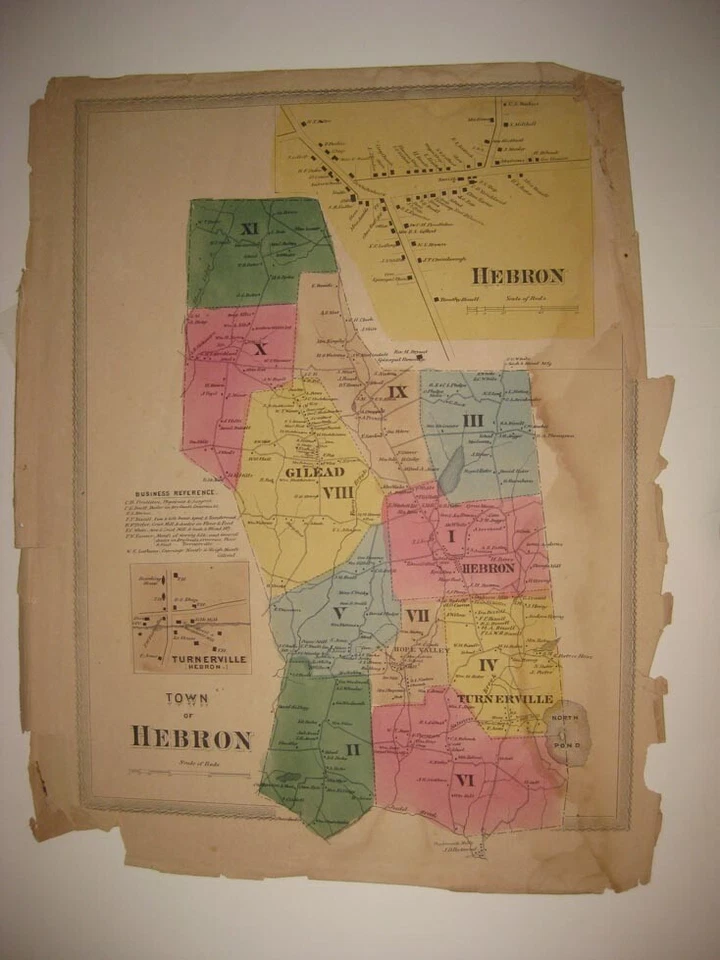 ANTIQUE 1869 HEBRON TURNERVILLE GILEAD TOLLAND COUNTY CONNECTICUT HANDCOLOR MAP - Image 1 of 1