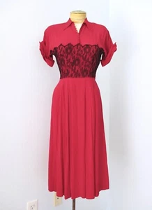 Vtg 40s 50s Red Rayon Crepe Fit Flare Swing Dress Sheer Black Lace TALON Zip XS - Picture 1 of 8