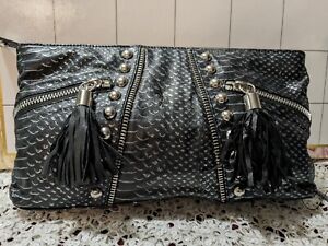 Betsy Johnson Genuine Leather Black & Silver Night Out Clutch