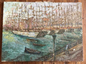 « Bateaux dans le port »Grande Huile Signée M.Jaffé (St Malo) à Restaurer - Imagen 1 de 11