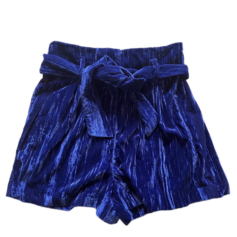 Pantalones cortos Topshop azul marino de terciopelo aplastado tiro alto con cinturón para mujer talla 4 elegante glamour Foto 1 de 4