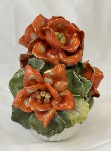 Vintage Keramik Blume Capodimonte Stil Made in Italy Orange Rot Figur Blumenstrauß - Bild 1 von 12