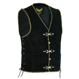 Mens Real Leather Suede Leather Vest Yellow Braided Black Motorcycle Clothing - Picture 1 of 7