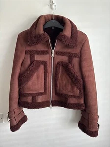 AllSaints Asher Shearling Sheepskin Biker Bomber Jacket Burgundy Red - Imagen 1 de 10