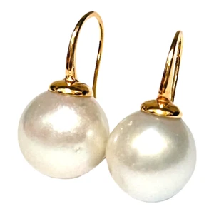 Round 13.6mm Indonesian Silver White Indonesian South Sea Pearl Dangle Earrings - Picture 1 of 9