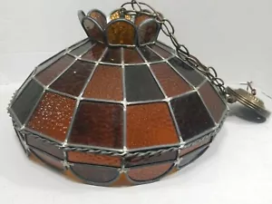 Very Old Stained Glass Single Bulb Hanging Lamp Brown Multicolored - Picture 1 of 10