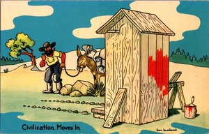 Postkarte Don Bloodgood Plumpsklo Humor Zivilisation zieht in Prospector Plumpsklo - Bild 1 von 3
