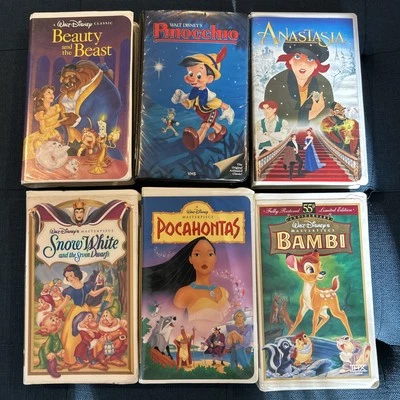 6 Disney VHS Movies Beauty Beast Pinocchio Snow White Anastasia Pocahontas Bambi Foto 1 de 4