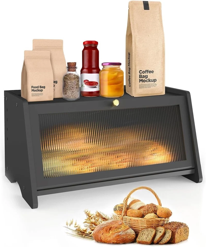 Настольная хлебница бамбуковая с окном, большой черный хлебный бункер вентиляционные отверстия для хранения - Изображение 1 из 4