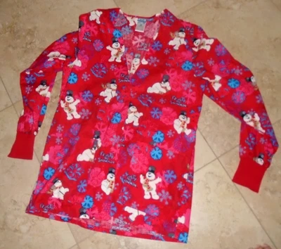 Frosty the Snowman Button Front Long Sleeve Scrub Uniform Jacket Top Ladies XS - Image 1 of 2
