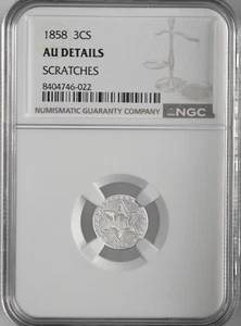 1858  3CS THREE CENT SILVER PIECE  NGC AU DETAILS "SCRATCHES"    #8404746-022 - Picture 1 of 4