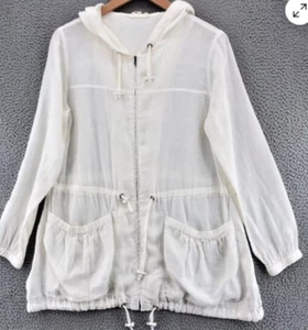 Eileen Fisher Jacket Womens M Ivory Irish Linen Anorak Hood Cinch Waist Pockets - Picture 1 of 6