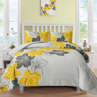 Floral Duvet Cover Set Queen Yellow Floral Pattern Comforter Cover Elegant Flowe - Image 1 of 4