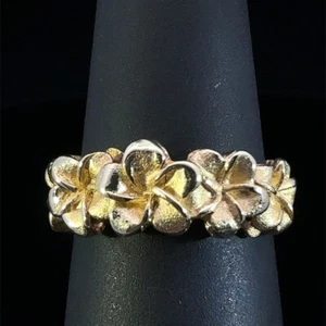 14K Yellow Gold Hawaiian 5 Flower Ring Band 3.3g Size:4 (WCP032022) - Picture 1 of 5