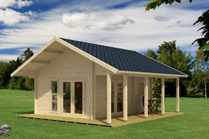 70 mm Ferienhaus 450x580 cm + Terrasse Gartenhaus Blockhaus Holzhaus Holz Neu - Bild 1 von 4