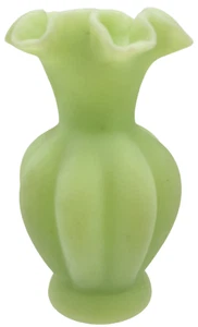 Vintage Fenton Green Custard Glass Melon Vase Ruffled Rim Vaseline Glass Glows - Picture 1 of 6