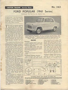 Ford Popular 1961 Series Motor Trader Service Data No. 363 1961 - Picture 1 of 1