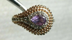 sz 7+ DESIGNER GC 925 PURPLE AMETHYST CLEAR CZ 14KGP STERLING SILVER RING 5g - Picture 1 of 9