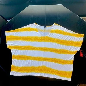 NWT Rafaella Sequin Lightweight V Neck Yellow White Top Boho Funky Top SZ 3X/3EX - Picture 1 of 8