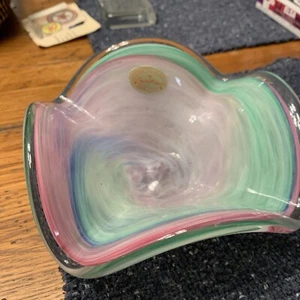 Vintage Italian Murano Style Art Glass Ruffled Bowl, Orig. Label - Picture 1 of 7