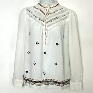 Sfera shirt top women M white frayed embroidered beaded boho peasant unique lace - Picture 1 of 10
