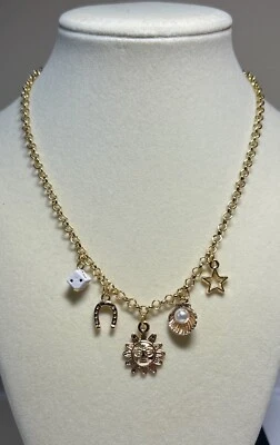 Moda Estilo Vintage Años 90 Dije Collar Oro Almeja Perla Sol Dados Herradura Estrella Foto 1 de 4