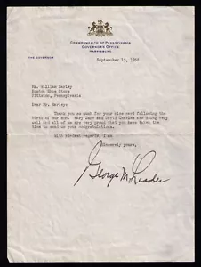 Settembre 1958 LETTERA FIRMATA George M. Leader Governatore Pennsylvania NASCITA DEL FIGLIO - Foto 1 di 2