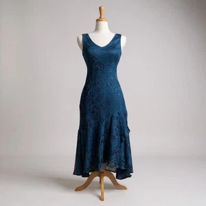 VTG Y2K Alex Evenings Silk Dress Sz 6 Blue Beaded Handkerchief Hem Fairycore - Picture 1 of 13