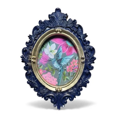 Hummingbird mini watercolor art print in blue/gold vintage style ornate frame - Image 1 of 3