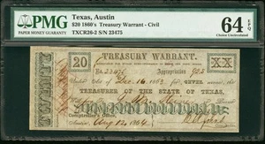 PMG 64 $20 1863 Texas Austin Treasury Warrant, Confederate Banknote Civil War - Picture 1 of 9