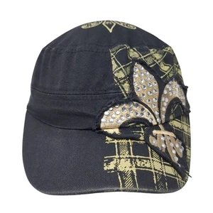 Fleur de Lis Cadet Army Cap Black One Size Adjustable Distressed Rhinestone - Picture 1 of 7