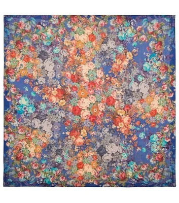 45” Square scarf merino wool head shawl wrap blue winter scarves floral 10200 - Image 1 of 3
