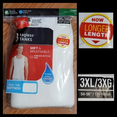 Tagless Tank Top Hanes 3 Pack White 3XL Wife Beater Dadcore Longer Length - Image 1 of 4