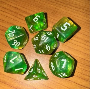 7 Dice Set Semi Transparent DND Polyhedral Emerald Green Dream Galaxy Pattern - Picture 1 of 6