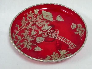 Vintage Ruby Red Footed Glass Dish w/ Silver Overlay Poppies 40th Anniversary - Picture 1 of 2