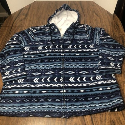 Blair Fleece Hooded Jacket Womens 2XL Blue Aztec Sherpa Lined Southwestern - Image 1 of 4