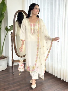 Wedding Wear Women Dresses Kurti with Pant And Dupatta Set, Kurta Palazzo Set, - Picture 1 of 7