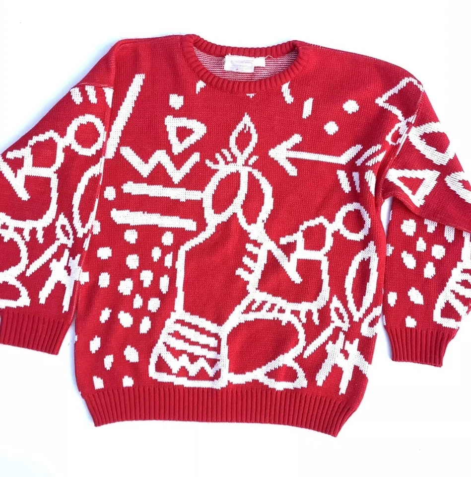 Suéter Acrílico Vintage Años 80 Nueva Ola Rojo/Blanco PERSPECTIVA Canadá M Flecha India Foto 1 de 4