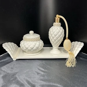White Milk Glass Vanity Set Tray Perfume Atomizer Jar With Lid Avon Vintage READ - Picture 1 of 22